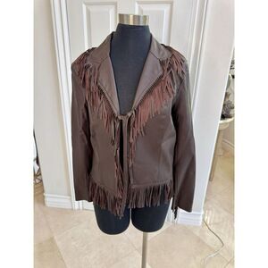 Bella Sky Brown Faux Leather Jacket With  Western Fringe Size M |‎ Boho Indie
